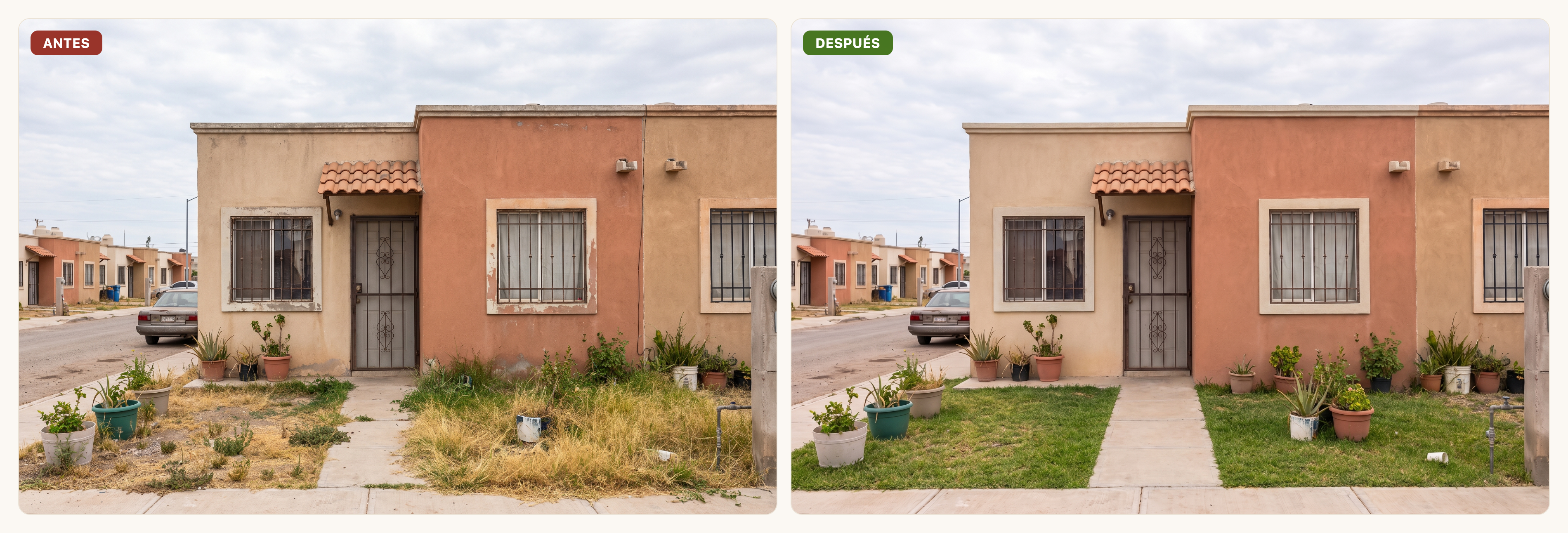 Antes y después: fachada y jardín despejados de una casa